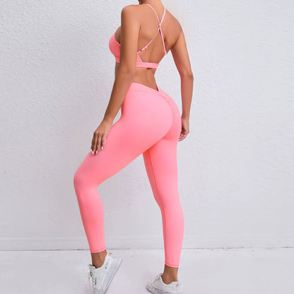 Women’s Cross-Back Backless Sports Set, Fitness Tracksuit, Push-Up Gym Leggings, Yoga Wear