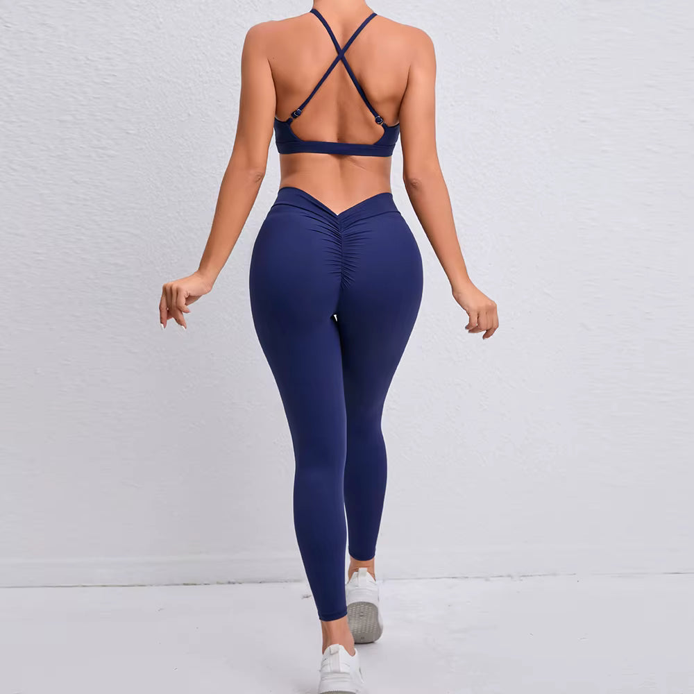 Women’s Cross-Back Backless Sports Set, Fitness Tracksuit, Push-Up Gym Leggings, Yoga Wear
