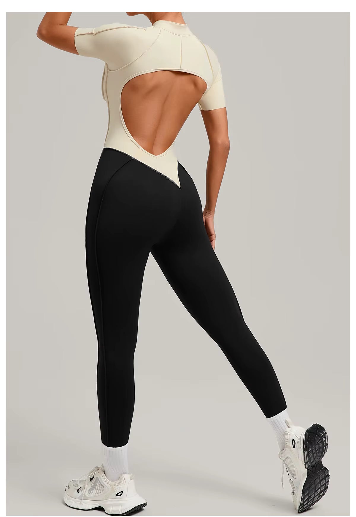 Women’s long sleeve one-piece jumpsuit yoga gym workout outfit, color-block fitness bodysuit activewear