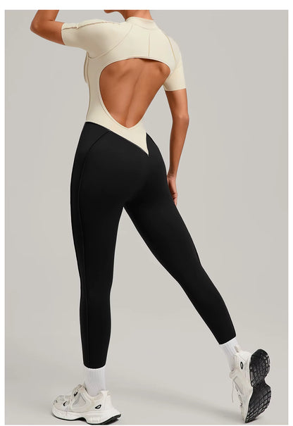 Women’s long sleeve one-piece jumpsuit yoga gym workout outfit, color-block fitness bodysuit activewear