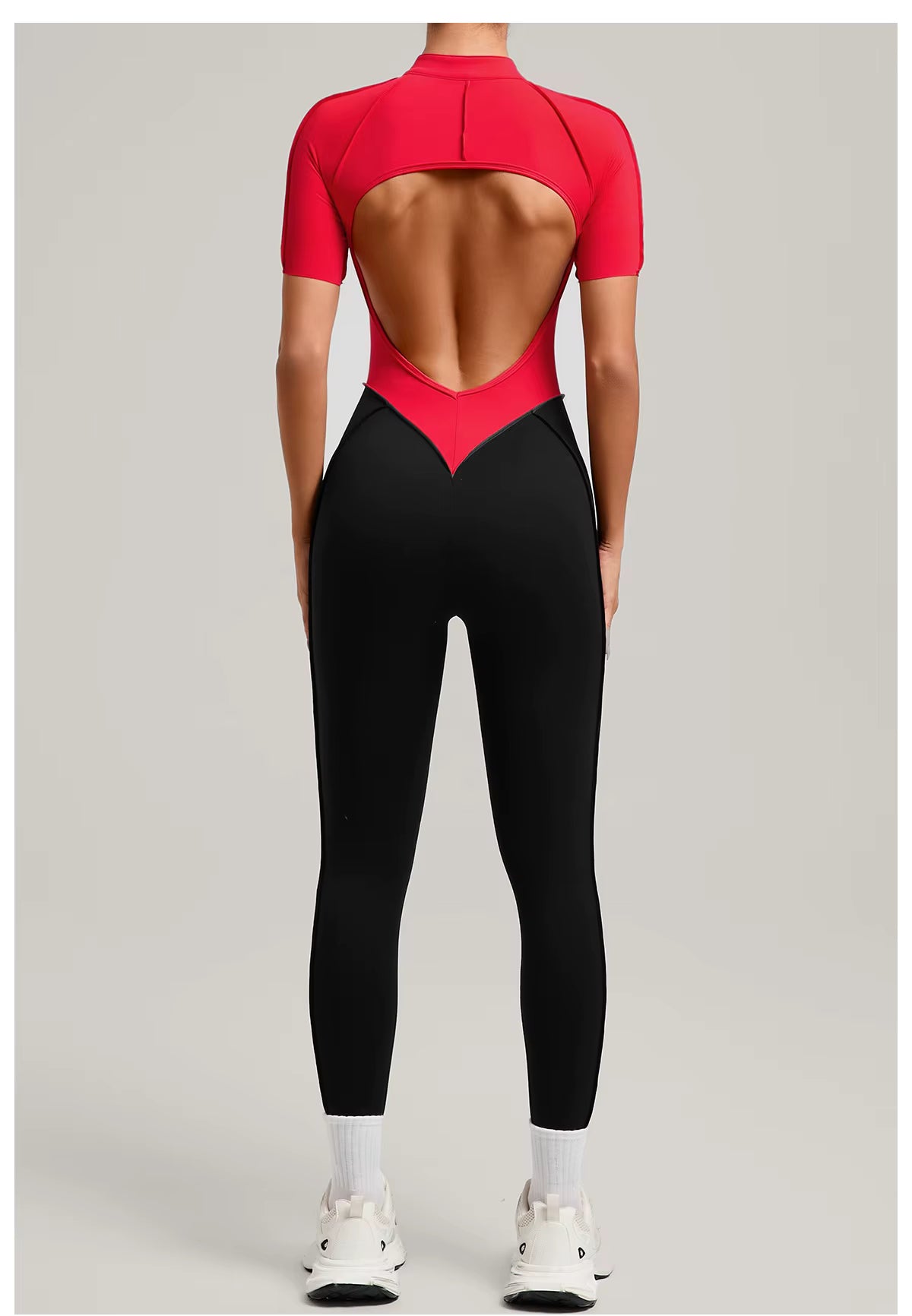 Women’s long sleeve one-piece jumpsuit yoga gym workout outfit, color-block fitness bodysuit activewear