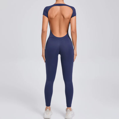 Women’s One-Piece Yoga Jumpsuit, Short Sleeve Open Back Slim Fit Sportswear, Quick-Dry Hip-Lift Fitness Gym Bodysuit