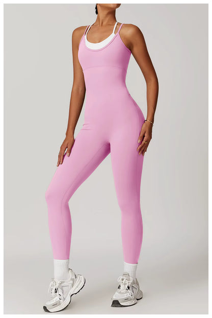 Color-Block Women’s Gym Jumpsuit Yoga Set Cross-Back Sports Fitness Training Bodysuit