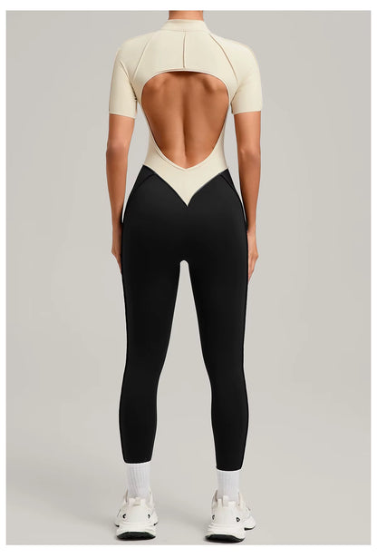 Women’s long sleeve one-piece jumpsuit yoga gym workout outfit, color-block fitness bodysuit activewear