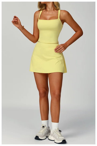Women’s 2-Piece Yoga Workout Set – Sexy Sports Bra and High-Waist Sport Short Skirt, Sleeveless Gym Fitness Training Sportswear Outfit