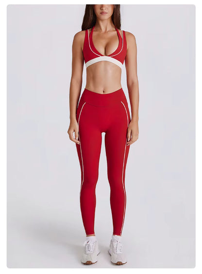 Women's Two-Piece Yoga Set with V-Neck Contrast Color Design, Beauty Back Faux Bra, High-Elastic Quick-Dry Fabric, Fitness Training and Running Shorts Set