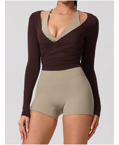 New women’s long sleeve one-piece yoga bodysuit, premium training yoga wear, ballet wrap top for women, gym sports top.