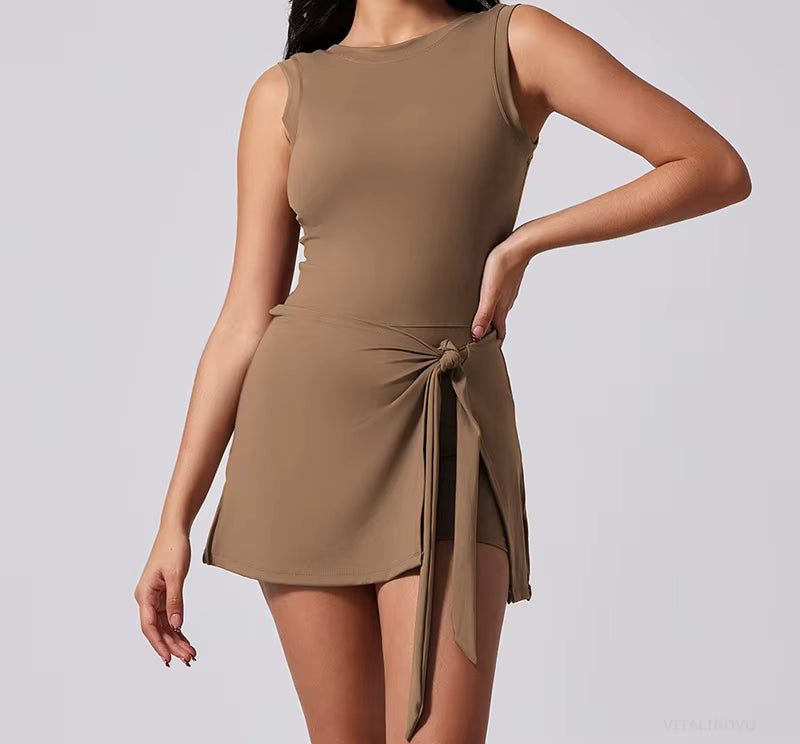 Women’s Tennis Dress with Built-In Shorts – Sleeveless Athletic Dress with Boat Neck – Active Training Skort Dress