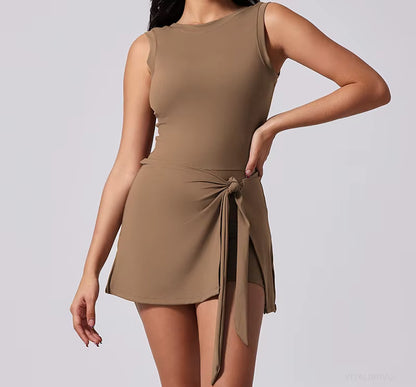 Women’s Tennis Dress with Built-In Shorts – Sleeveless Athletic Dress with Boat Neck – Active Training Skort Dress
