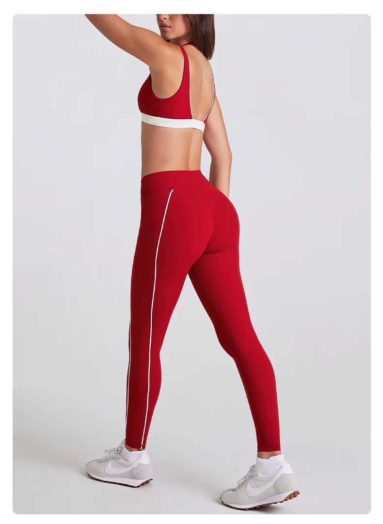 Women's Two-Piece Yoga Set with V-Neck Contrast Color Design, Beauty Back Faux Bra, High-Elastic Quick-Dry Fabric, Fitness Training and Running Shorts Set