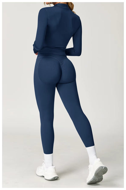 Seamless 2-piece yoga set women’s gym wear fitness tracksuit long sleeve jacket sports bra gym leggings