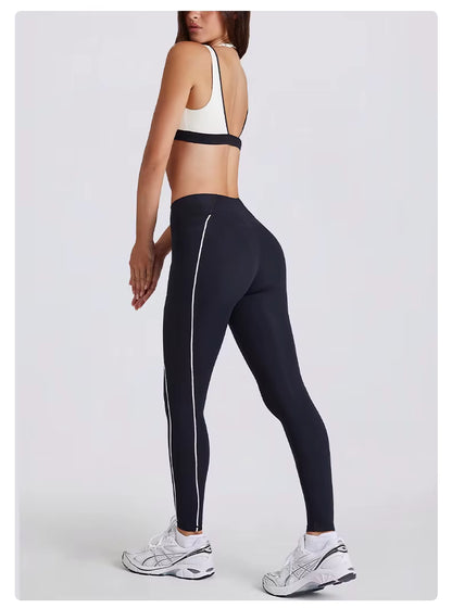 Women's Two-Piece Yoga Set with V-Neck Contrast Color Design, Beauty Back Faux Bra, High-Elastic Quick-Dry Fabric, Fitness Training and Running Shorts Set