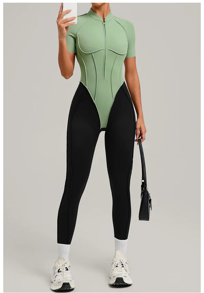 Women’s long sleeve one-piece jumpsuit yoga gym workout outfit, color-block fitness bodysuit activewear