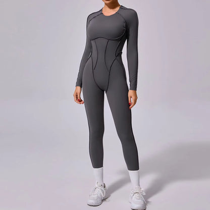 New Summer Short Sports Jumpsuit, Women’s Gym Workout Romper, Push-Up Yoga Activewear, Long Sleeve Fitness Jumpsuit