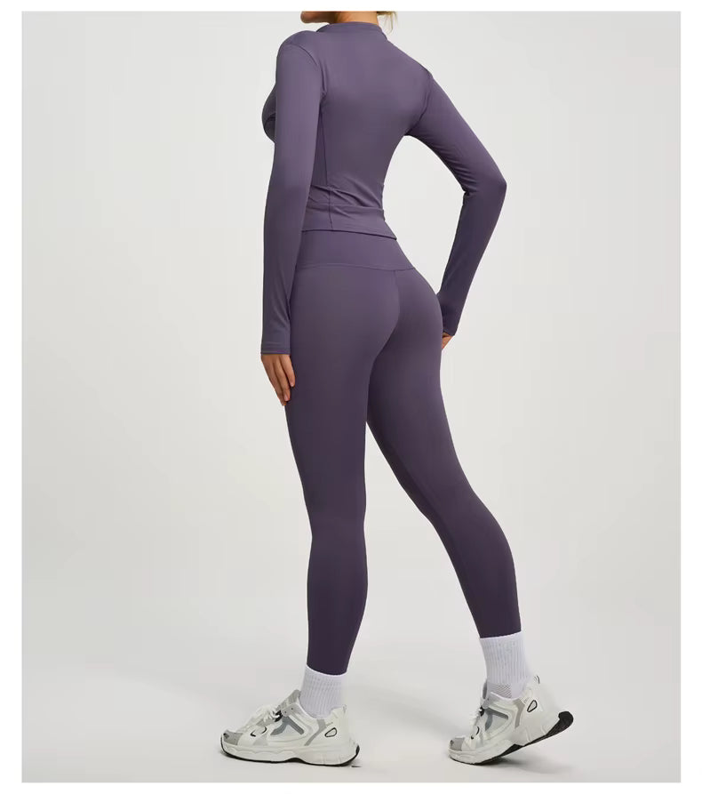 SVEIC Two-Piece Set: Yoga Jacket, Sports Top, Long Sleeve Zip-Up Jacket, Breathable Fitness Wear, High-Waisted Leggings, Women’s Gym Outfit