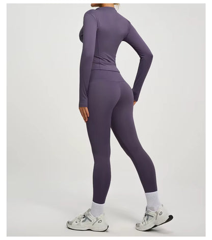 SVEIC Two-Piece Set: Yoga Jacket, Sports Top, Long Sleeve Zip-Up Jacket, Breathable Fitness Wear, High-Waisted Leggings, Women’s Gym Outfit