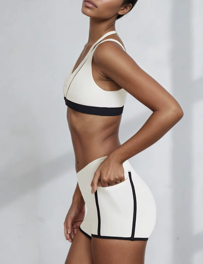 Women's Two-Piece Yoga Set with V-Neck Contrast Color Design, Beauty Back Faux Bra, High-Elastic Quick-Dry Fabric, Fitness Training and Running Shorts Set