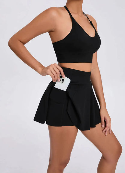 Casual Outdoor Yoga Set, Sports Bra and Short Tennis Skirt, Anti-Exposure Running Pocket Fitness Outfit, Breathable Yoga Tank Top and Tennis Set