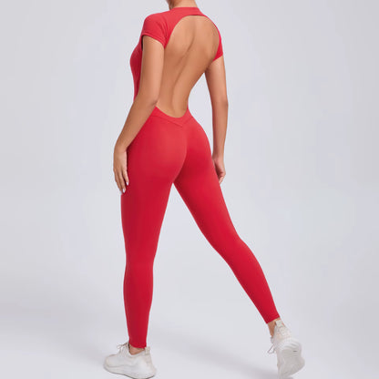 Women’s One-Piece Yoga Jumpsuit, Short Sleeve Open Back Slim Fit Sportswear, Quick-Dry Hip-Lift Fitness Gym Bodysuit