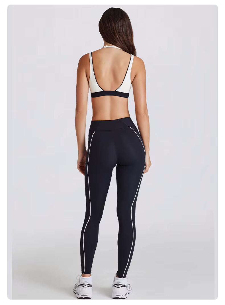 Women's Two-Piece Yoga Set with V-Neck Contrast Color Design, Beauty Back Faux Bra, High-Elastic Quick-Dry Fabric, Fitness Training and Running Shorts Set