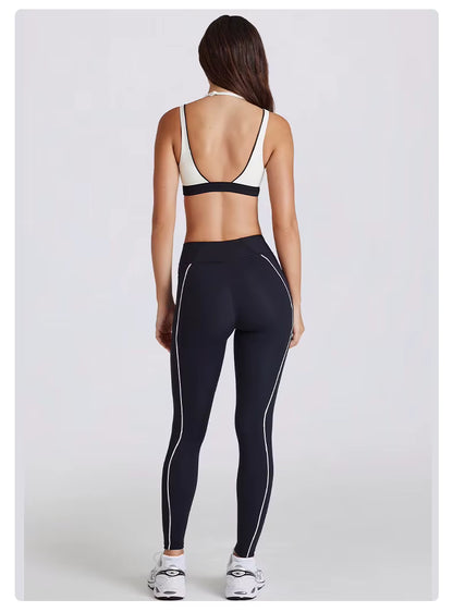 Women's Two-Piece Yoga Set with V-Neck Contrast Color Design, Beauty Back Faux Bra, High-Elastic Quick-Dry Fabric, Fitness Training and Running Shorts Set