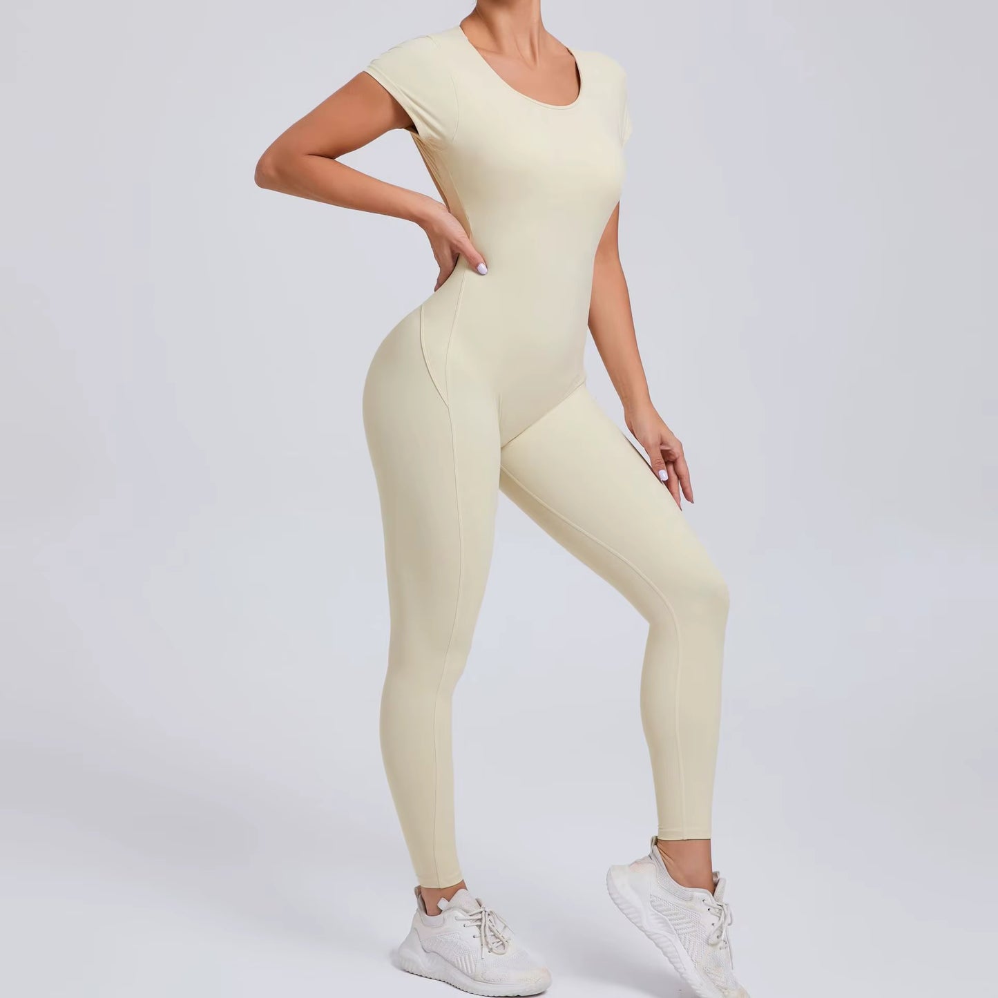 Women’s One-Piece Yoga Jumpsuit, Short Sleeve Open Back Slim Fit Sportswear, Quick-Dry Hip-Lift Fitness Gym Bodysuit