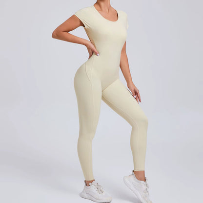 Women’s One-Piece Yoga Jumpsuit, Short Sleeve Open Back Slim Fit Sportswear, Quick-Dry Hip-Lift Fitness Gym Bodysuit