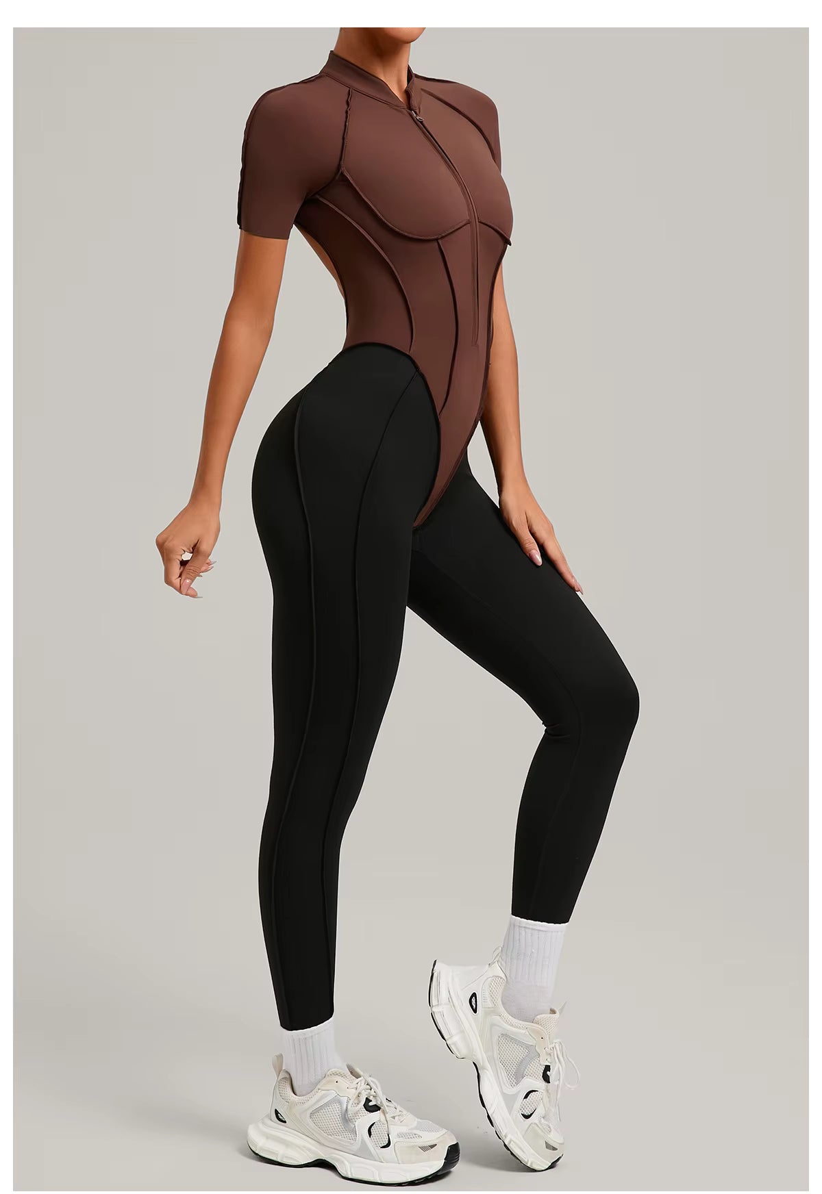 Women’s long sleeve one-piece jumpsuit yoga gym workout outfit, color-block fitness bodysuit activewear