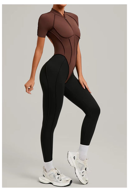 Women’s long sleeve one-piece jumpsuit yoga gym workout outfit, color-block fitness bodysuit activewear
