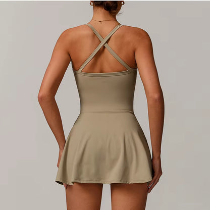 Women’s Tennis Dress with Built-In Shorts and Integrated Bra, Deep V-Neck Athletic Training Dress, Golf Dress