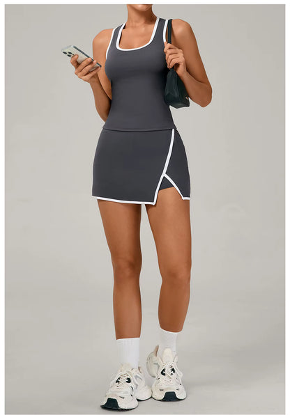 2-Piece Women’s Yoga Gym Set – Sports Vest and Short Skirt Tracksuit, Workout Training Outfit, Running and Gym Sportswear