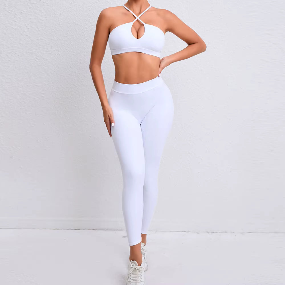 Women’s Cross-Back Backless Sports Set, Fitness Tracksuit, Push-Up Gym Leggings, Yoga Wear