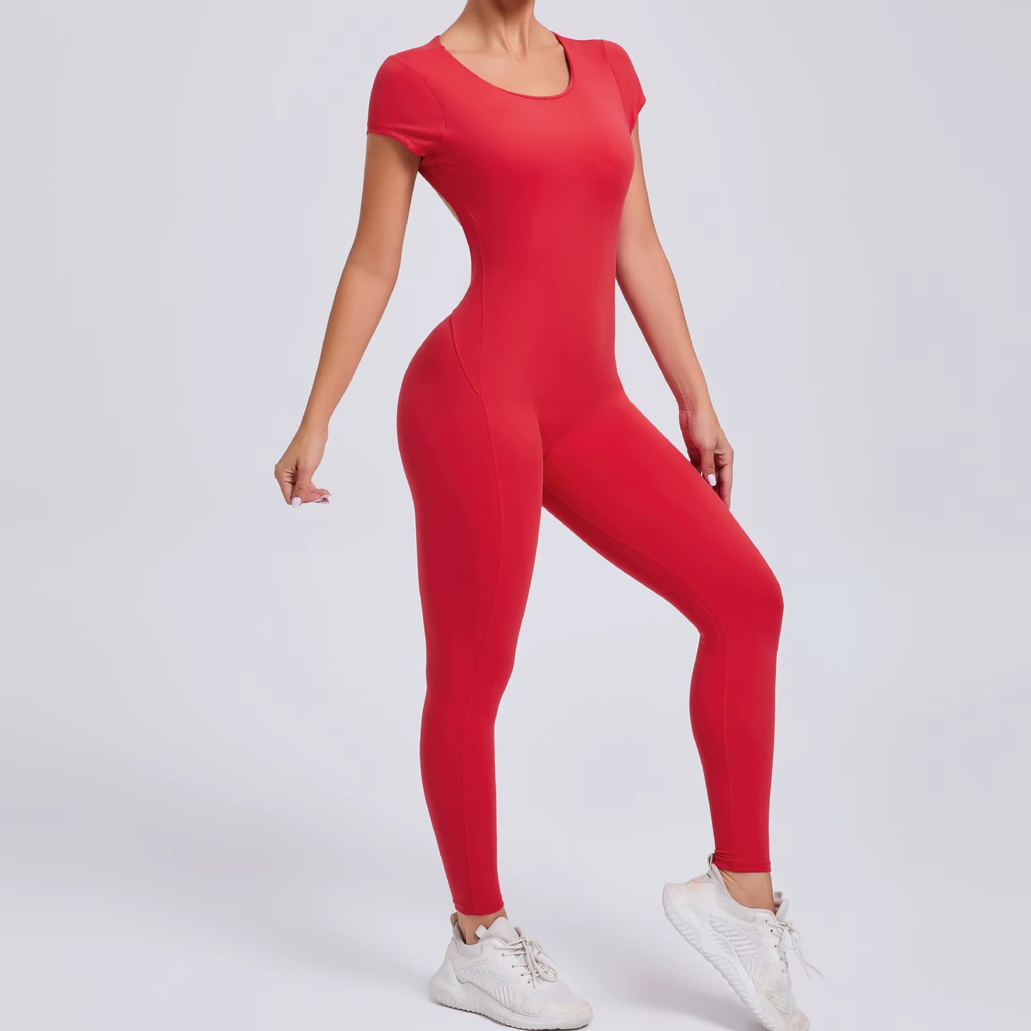 Women’s One-Piece Yoga Jumpsuit, Short Sleeve Open Back Slim Fit Sportswear, Quick-Dry Hip-Lift Fitness Gym Bodysuit