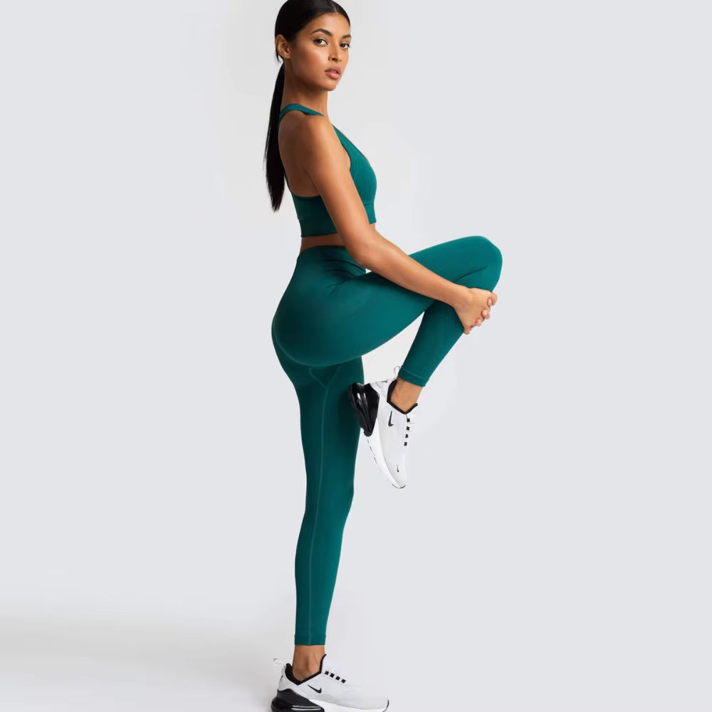 Women’s Seamless Yoga Set – Fitness Crop Top & High-Waist Tummy Control Leggings with Built-In Bra, Workout Outfit for Pilates, Gym and Running