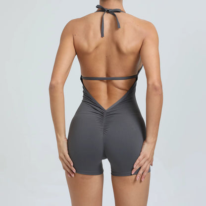 Backless Yoga Set, Women’s One-Piece Short Workout Jumpsuit, Gym Fitness Boilersuit, Sports Bodysuit for Women