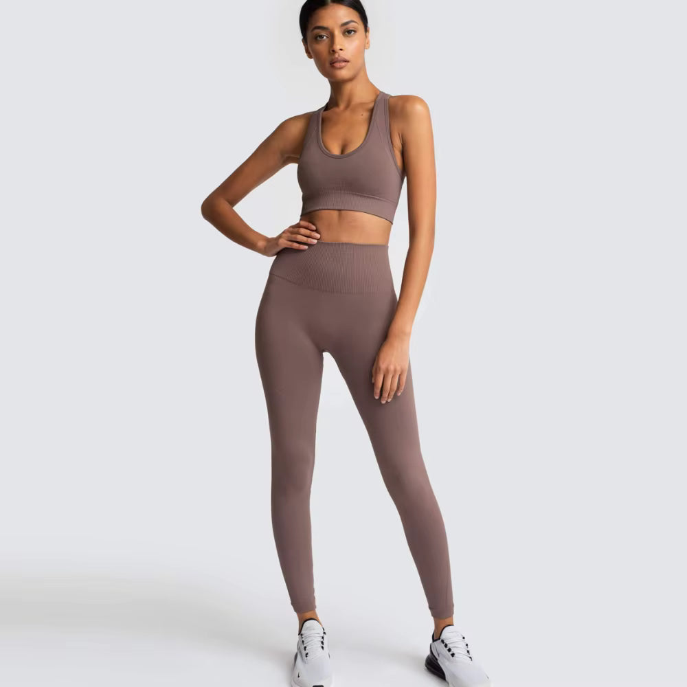 Women’s Seamless Yoga Set – Fitness Crop Top & High-Waist Tummy Control Leggings with Built-In Bra, Workout Outfit for Pilates, Gym and Running