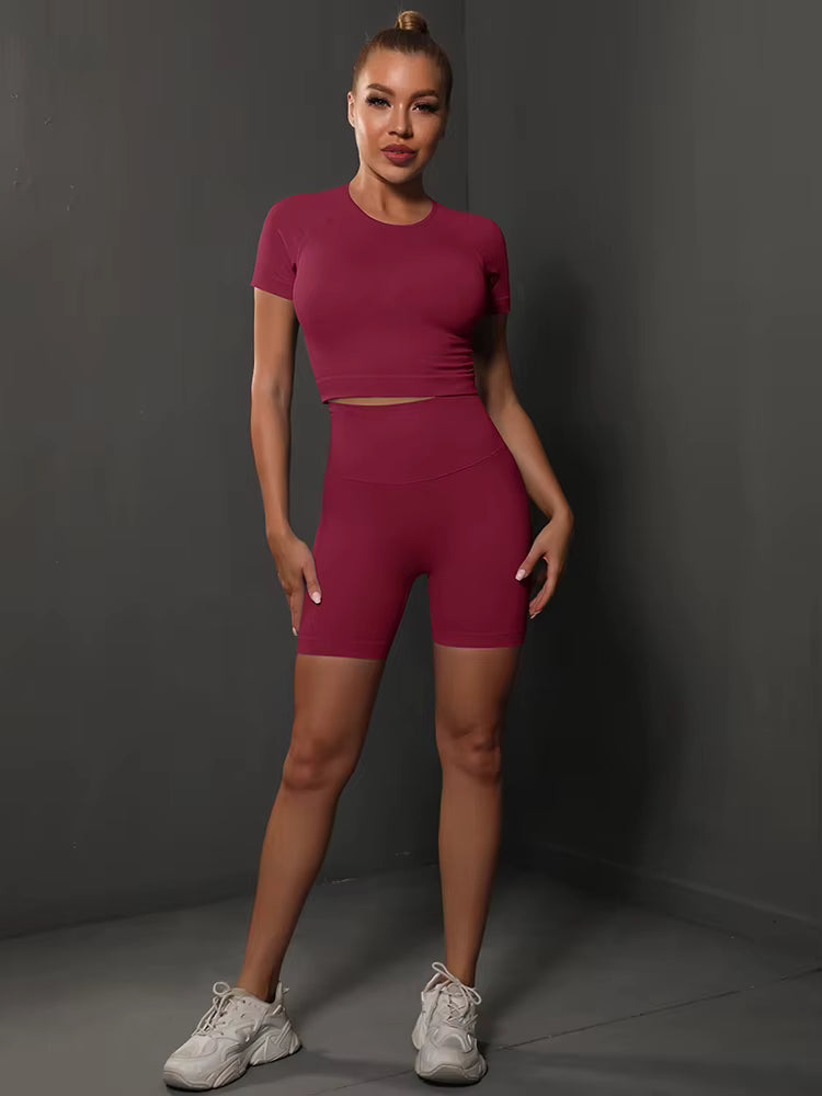 2-Piece Seamless Women’s Yoga Set Gym Sportswear – Top and High-Waisted Shorts, Tight Fit Workout Fitness Outfit with Butt-Lifting Effect