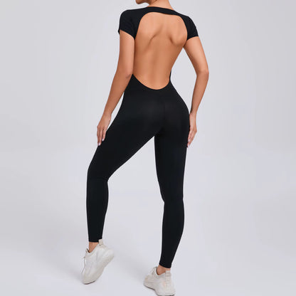 Women’s One-Piece Yoga Jumpsuit, Short Sleeve Open Back Slim Fit Sportswear, Quick-Dry Hip-Lift Fitness Gym Bodysuit