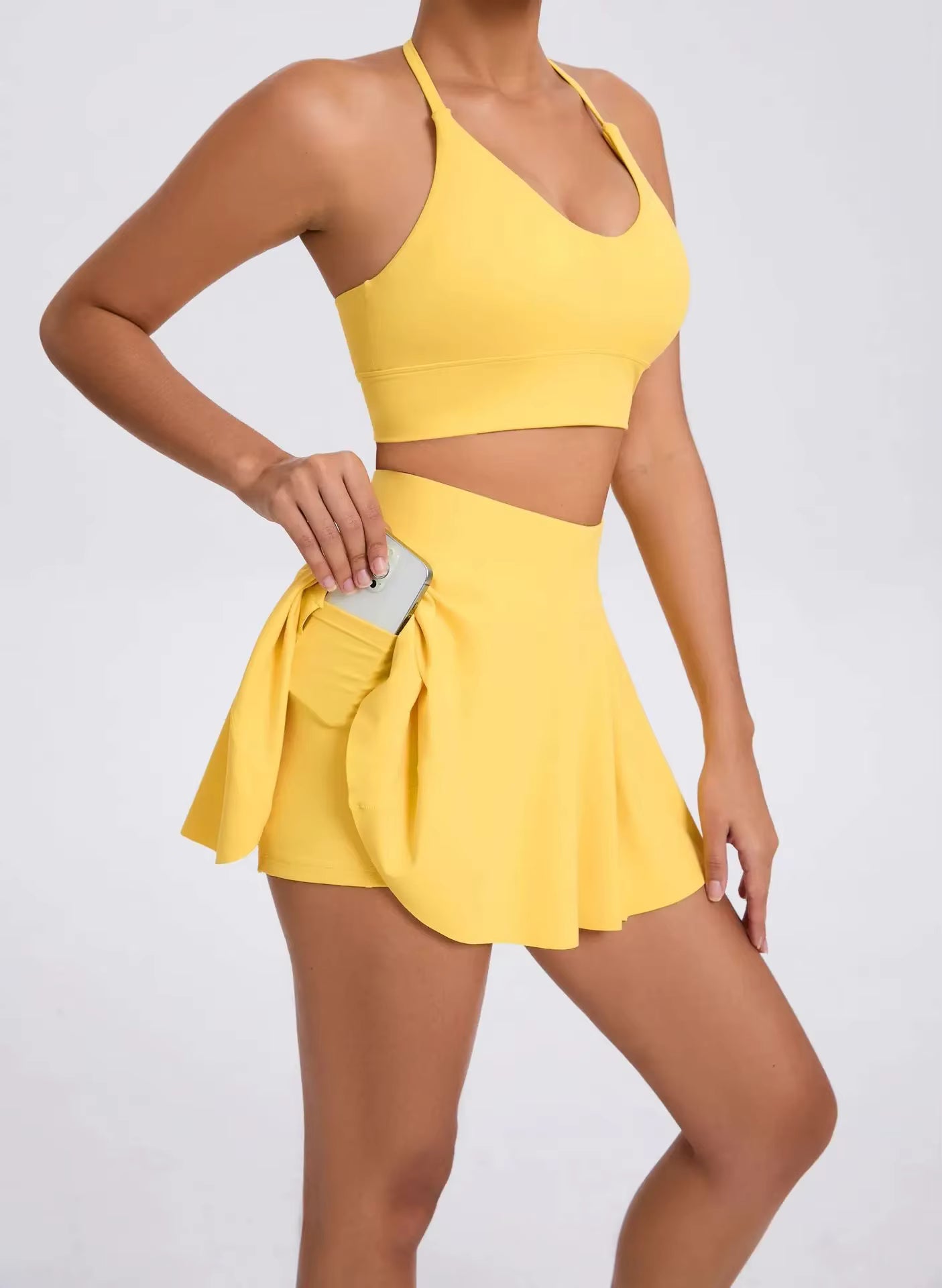 Casual Outdoor Yoga Set, Sports Bra and Short Tennis Skirt, Anti-Exposure Running Pocket Fitness Outfit, Breathable Yoga Tank Top and Tennis Set
