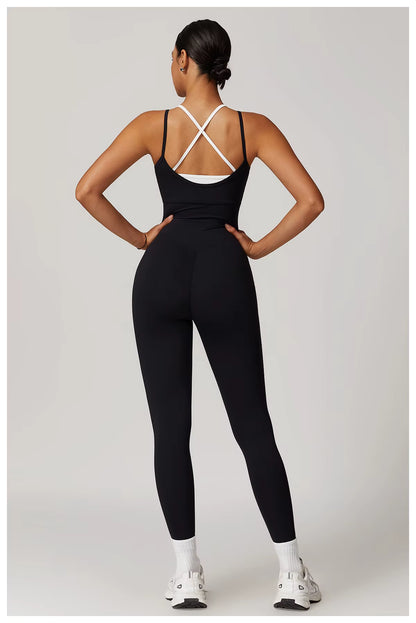 Color-Block Women’s Gym Jumpsuit Yoga Set Cross-Back Sports Fitness Training Bodysuit