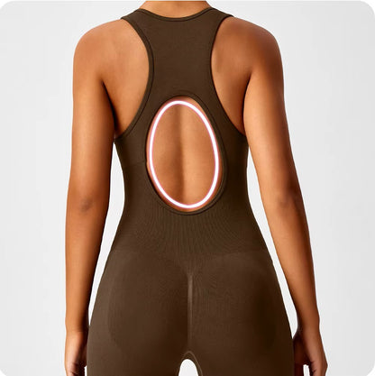 Seamless One-Piece Peach Lift Yoga Bodysuit – V-Back Tummy Control Gym Wear for Women – Sexy Bodycon Fitness Workout Jumpsuit
