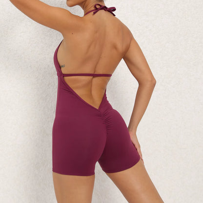 Backless Yoga Set, Women’s One-Piece Short Workout Jumpsuit, Gym Fitness Boilersuit, Sports Bodysuit for Women
