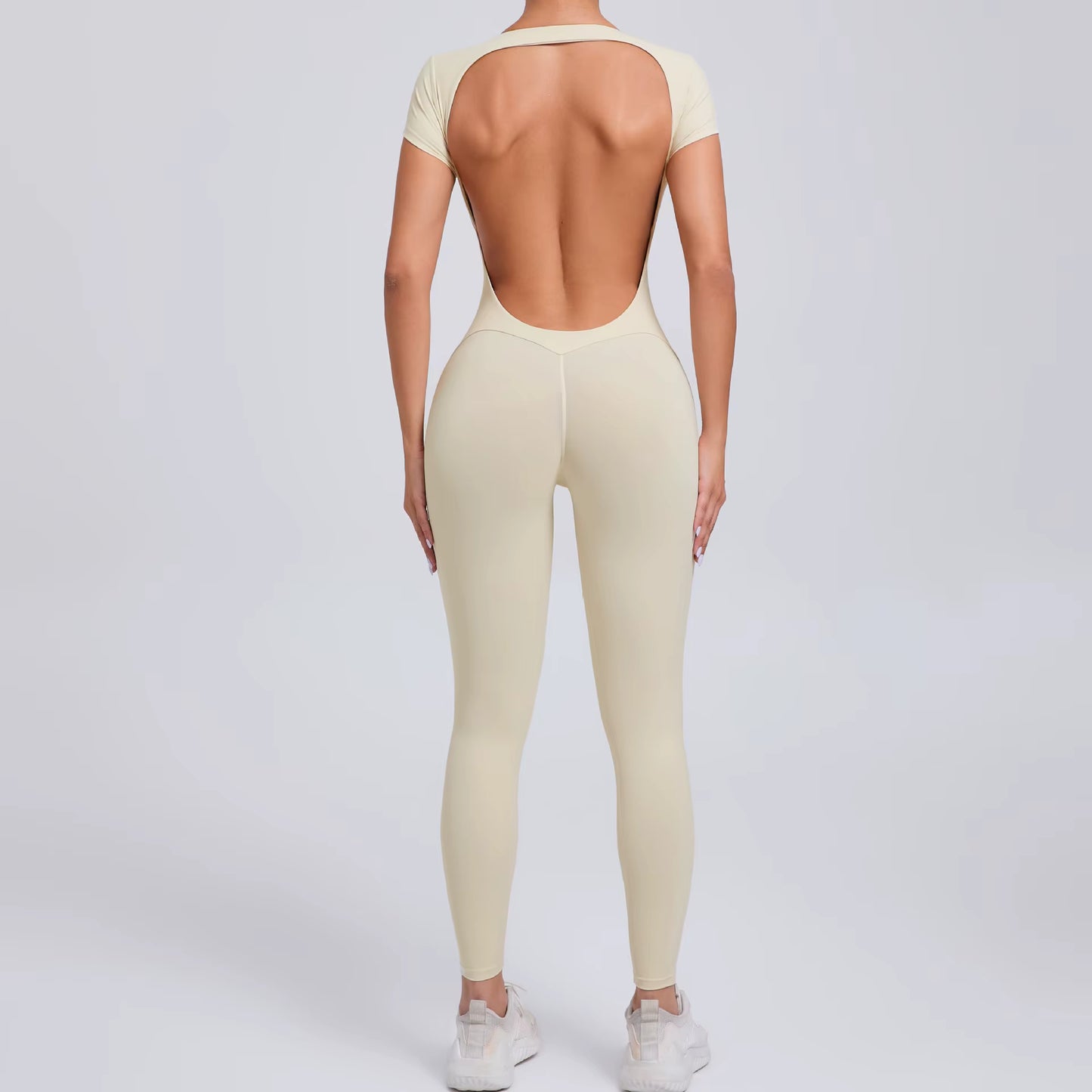 Women’s One-Piece Yoga Jumpsuit, Short Sleeve Open Back Slim Fit Sportswear, Quick-Dry Hip-Lift Fitness Gym Bodysuit