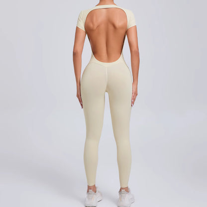 Women’s One-Piece Yoga Jumpsuit, Short Sleeve Open Back Slim Fit Sportswear, Quick-Dry Hip-Lift Fitness Gym Bodysuit