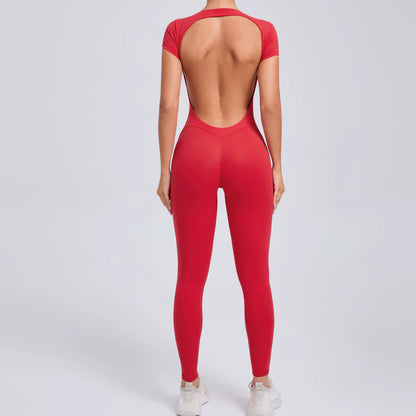 Women’s One-Piece Yoga Jumpsuit, Short Sleeve Open Back Slim Fit Sportswear, Quick-Dry Hip-Lift Fitness Gym Bodysuit
