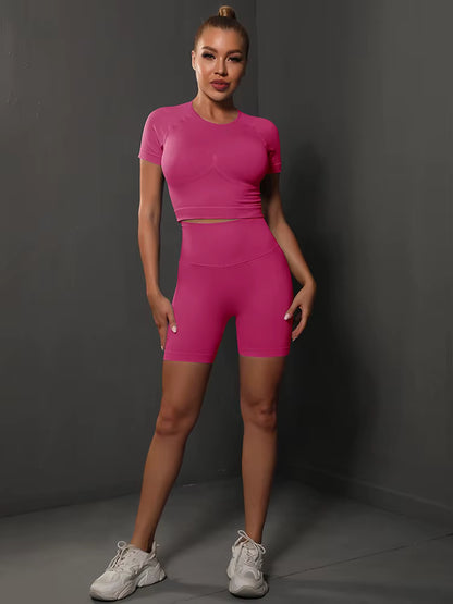 2-Piece Seamless Women’s Yoga Set Gym Sportswear – Top and High-Waisted Shorts, Tight Fit Workout Fitness Outfit with Butt-Lifting Effect