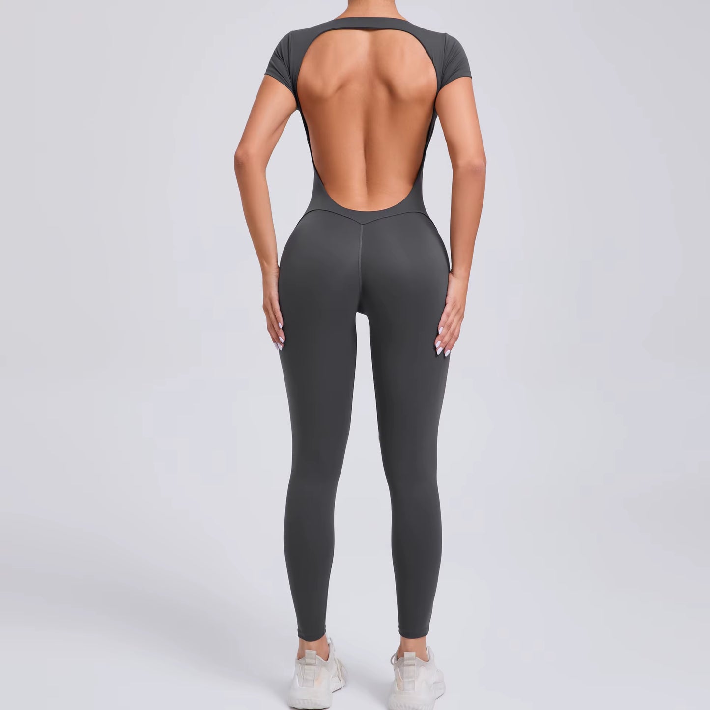 Women’s One-Piece Yoga Jumpsuit, Short Sleeve Open Back Slim Fit Sportswear, Quick-Dry Hip-Lift Fitness Gym Bodysuit