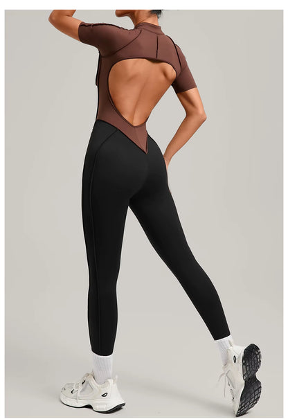 Women’s long sleeve one-piece jumpsuit yoga gym workout outfit, color-block fitness bodysuit activewear