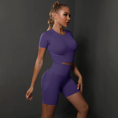 2-Piece Seamless Women’s Yoga Set Gym Sportswear – Top and High-Waisted Shorts, Tight Fit Workout Fitness Outfit with Butt-Lifting Effect