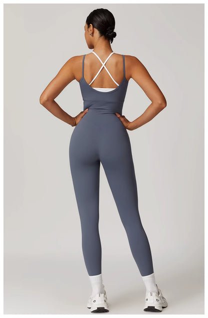 Color-Block Women’s Gym Jumpsuit Yoga Set Cross-Back Sports Fitness Training Bodysuit